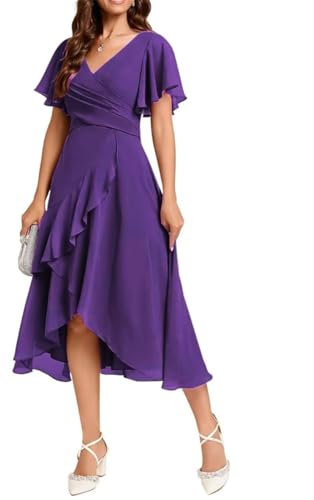 Ankle Length Formal Evening Prom Gowns Tiered Chiffon Costume Party Dresses for Women with Slit Purple UK16