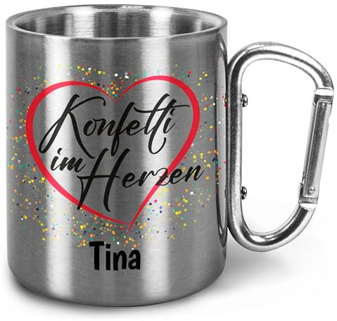 Edelstahlbecher personalisiert mit Karabiner und optional mit Deckel „Konfetti im Herzen“ - Fasnetsbecher personalisiert - Fasching Karneval, doppelwandig & isoliert, 300ml (Ohne Deckel, Griff Silber)