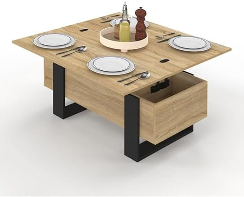 IDMarket - Table Basse Plateau relevable rectangulaire Convertible en Table à Manger Phoenix 97,5 cm Bois et Noir