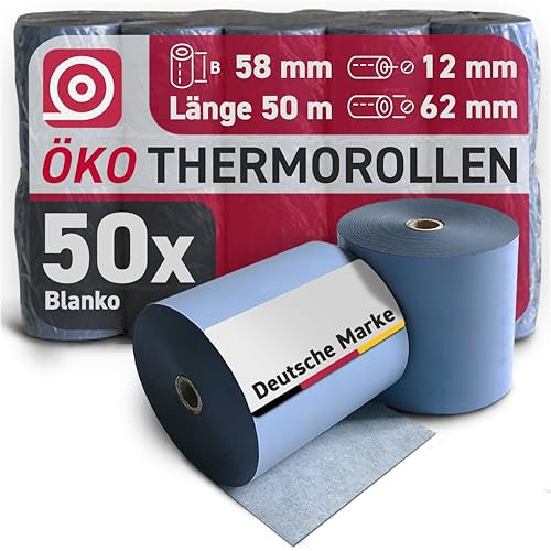 Gebongt24 Blue4est® Öko Thermorolle 58 mm x 50 m x 12 mm - umweltfreundliches Thermopapier - 50 Kassenrollen mit 60 mm Rollendurchmesser – Ökobon für Waagen, Kassen & Thermodrucker