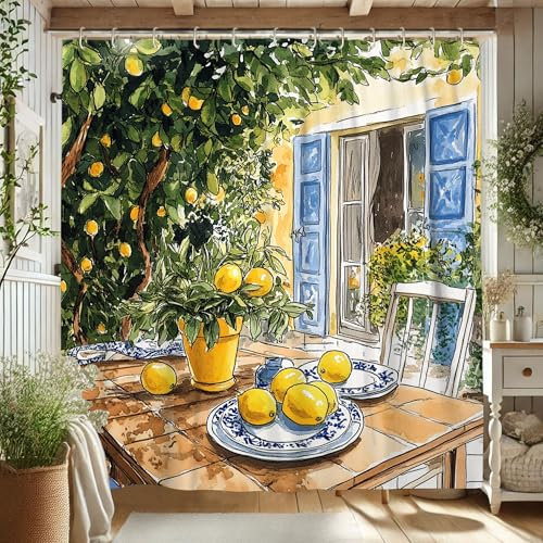 Lemon Tree Shower Curtain, Watercolor Yellow Green Citrus Bath Curtain for Bathroom Decor, Spring Summer Modern Rustic Style Waterproof Fabric Shower Curtain Set with Hooks 72x78 Inch