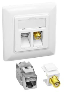 ProfiPatch Keystone Netzwerkdose LAN Dose Cat6A 500MHz Unterputz 1x RJ45 Port Anschluss + 1x F-Verbinder POE CAT7,CAT6A,CAT6,CAT5 geschirmt weiß