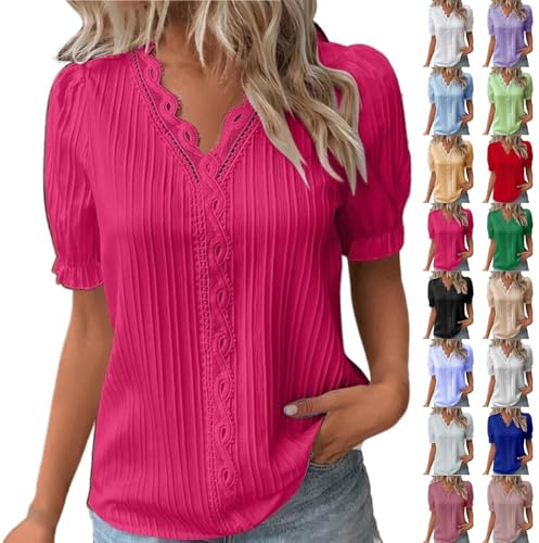 Tshirt Damen V Ausschnitt Elegante Oberteile Spitzen Sommer Bluse Tops Für Frauen Kurzarm T-Shirts Lässige Basic Tops Casual Tunika Oberteil Sommertops