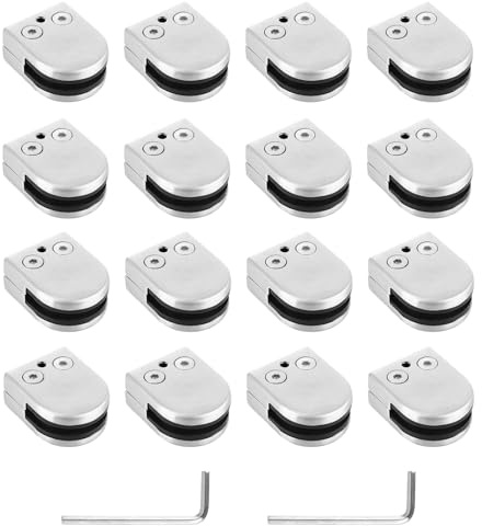 LOLYSIC 16Pcs Glass Clamps, Glass Balustrade Clamps, Adjustable 304 Stainless Steel Glasses Brackets for Balustrade Staircase Panel (Silver, 8-10mm)