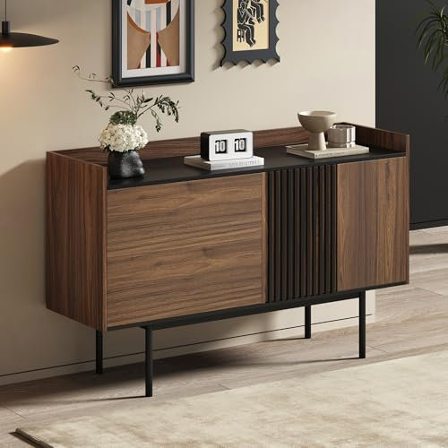 Pangshiyuan Sideboard Kommode mit 2 Schubladen und verstellbarem Regal, Aufbewahrungsschrank aus Holz MDF, Wohnzimmer Esszimmer Anrichte, modern minimalistisch, Nussbaum+Schwarz, 2 Türen