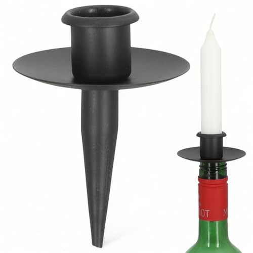 MIJOMA Stilvoller Kerzenhalter für Weinflaschen - Elegante Tischdekoration, Metall-Kerzenständer, für Candlelight Dinner, Dinner-Parties, Festliche Anlässe (Schwarz, für Stabkerze, mit spitzer Tülle)