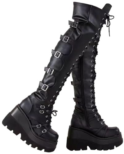 Edelaura Stivali Overknee da Donna Inverno Neri Eleganti con Plateau Gothic Punk Lunghi con Cerniera Laterale e Lacci Sotto Ginocchio Stivali Moda Motard Casual