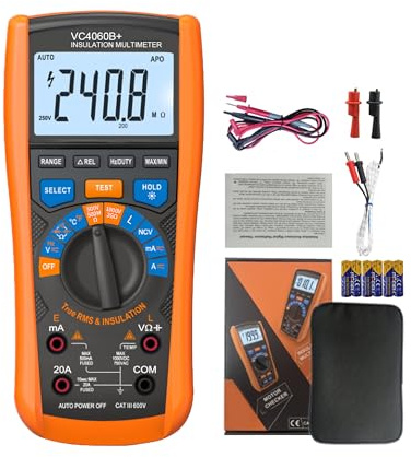 Multimeter Digital&Isolationsmessgerät 2-in-1 VC4060B, 6000-Count-True-RMS-Voltmeter, 60 MΩ/750 V/20 A, berührungslose Spannungserkennung, Kapazität/Induktivität/Temperatur, Motorinspektionen