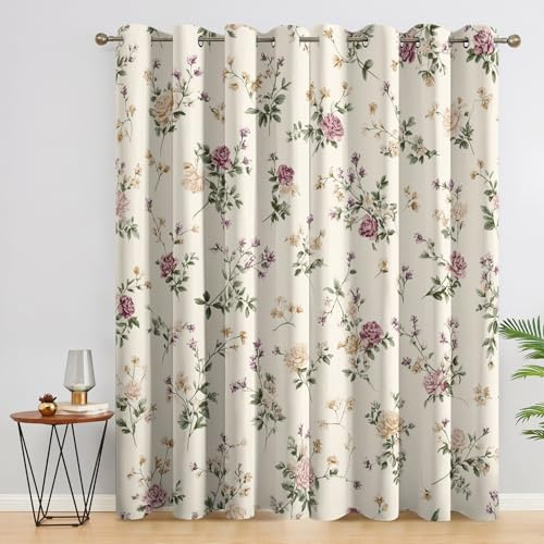 Generisch Bunt Blumen Vorhänge Blickdicht Gardinen mit Ösen, Bauernhaus Vintage Floral Deko Muster Wohnzimmer Schlafzimmer Fenster Verdunklungsvorhänge, H 220 x B 140 cm 2er Set (1C1-132)