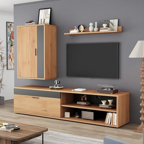 Moderne TV Wohnwand-Set TV-Board Standregal und Wandregal 3-St TV-Schrank Stehend und Hängend Wohnzimmermöbel Großer Stauraum Mediawand für Esszimmer Holzfarbe + Schwarz