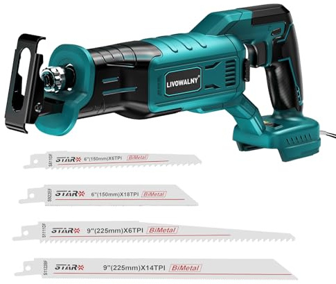 LIVOWALNY Akku Säbelsäge Kompatibel mit Makita 18V (Ohne Akku) - Reciprosäge Bürstenlos Motor 3200 SPM, 3 variable Geschwindigkeiten mit 4 Sägeblätter für Metall/Holz/PVC (Blau)