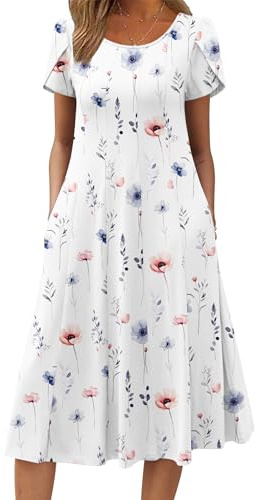 Zeagoo Sommerkleid Damen Elegant Kleid Rundhals Plissee Strandkleid Kurzarm Puffärmel Midikleid Casual A-Linie Kleid mit Taschen S-XXL