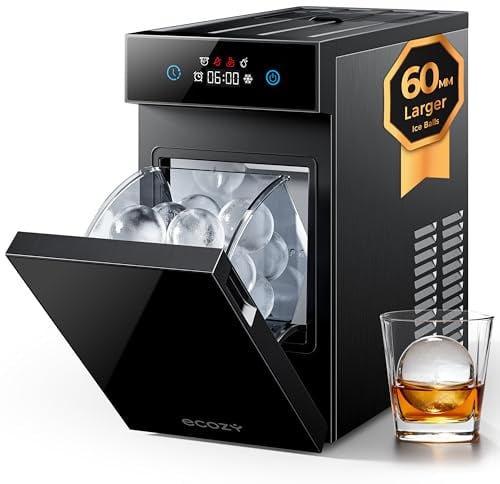 ecozy 60mm Klare Eiswürfelmaschine für Eiskugeln, 8h Startzeitvorwahl, LED-Touchscreen, Kugel-Eis in 40 Min, CrystalFlux Technologie, 32 Stück/Tag, Kompakt Ice Ball Maker für Hausbar, Whiskey, Bourbon