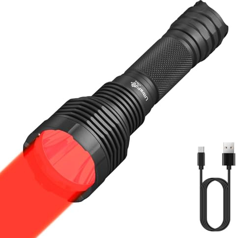 UltraFire Linterna de caza de luz roja recargable, 620 – 630 nm, luz roja, 350 metros de alcance, 2 modos para visión nocturna, astrofotografía, fotografía de cuarto oscuro, C15S-R