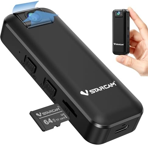 VSTARCAM 2K Bodycam Mini mit Tonaufnahme und 64GB Speicherkarte, 180° Drehobjektiv, IR Nachtsicht, 1500mAh Akku, Tragbare Körperkamera für Fahrrad, Vlogging und Meetings