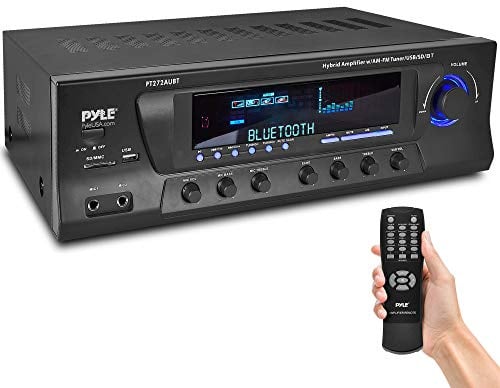 Pyle Bluetooth Stereo Amplifier 300W 4 Channel Receiver with Mic Input - Wireless Audio Streaming Home Theater Karaoke System USB SD RCA EQ Control LED Display