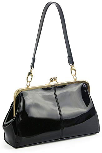 MICOM Damen Vintage Kuss-Verschluss-handtaschen glänzende Lackleder Abend kupplungs-Geldbeutel Tragetasche mit Zwei Riemen Medium Schwarz