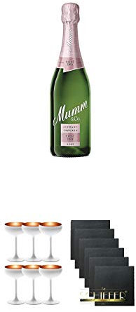 Mumm - Sekt - Rosè Dry - Deutschland + Sektschale Stölzle 6 Gläser - Olympic Serie matt-weiß BRONZE 273/88/08 + Schiefer Glasuntersetzer eckig 6 x ca. 9,5 cm Durchmesser