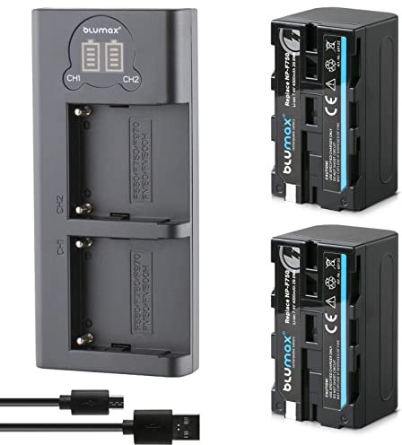Blumax 2X Akku NP-F750 / NP-F550 4000mAh + Slim Dual Ladegerät | kompatibel mit Sony NP-F970 NP-F960 NP-F990 für Blitzgeräte Videoleuchten Fieldmonitore