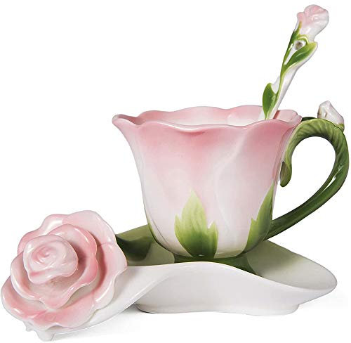 ONEUSTAR Pink Tea Cup and Saucer Set for 1 Ceramic Hand Crafted Rose Flower Coffee Cup for Mother's Day Thanksgiving Wedding Birthday Gift for Women, 6 Oz