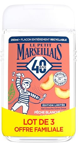 Le Petit Marseillais | Gel Douche Extra Doux Pêche Blanche Bio & Nectarine Bio (lot de 3 flacons de 250 ml) – 92 % d'ingrédients d'origine naturelle – Édition limitée 40 ans