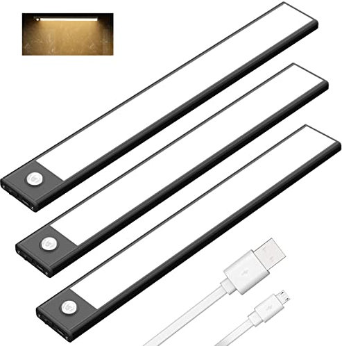 Klighten 3 Stück Schrankleuchten mit Bewegungsmelder, 30cm LED Sensor Licht mit 53 LED, USB Wiederaufladbar Batterie Nachtlicht Schranklicht für Schrank Flur Küche, Auto/ON/OFF, Warmweiß, Schwarz