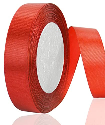 OWill Ruban Noel Rouge Satin Double Face en Polyester 20 mm x 22 m - Cadeau, Emballage, Sapin de Noel, Décoration de Gâteaux, Projets de Couture, Ballons de Fête et Nœuds
