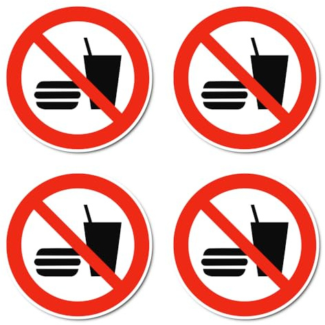 Essen und Trinken verboten, Verbotszeichen: P022 - DIN EN ISO 7010 / ASR A1.3 - Aufkleber: Ø 10 cm, 4 Stück