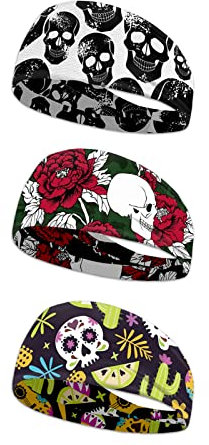 Kuiaobaty 3 Stück Schädel Blumen Stirnbänder für Mädchen Gothic Schädel Frauen Stirnband Männer Bandana Sport Haarband