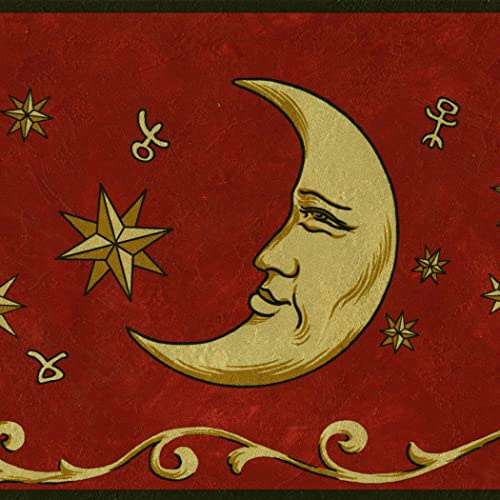CONCORD WALLCOVERINGS ™ Wallpaper Border Vintage Pattern Sun Moon Stars Swirls for Bedroom Living Room Cottage, Red Gold Black, 15 Ft by 7 in BW77430