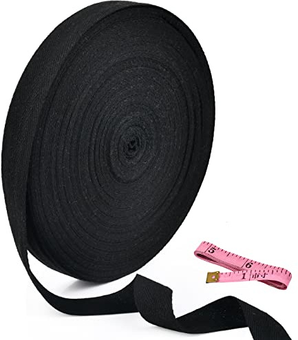 TMBMLPP 50 Meters 25mm Cotton Bias Binding Tape with Tape Measure, Cotton Bunting Tape Herringbone Twill Webbing Tape for Sewing Dressmaking Alteration, Knitting Apron, Garment (Black)