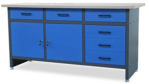Jan Nowak Werkbank mit Arbeitsplatte Werktisch mit 6 Schubladen 2 Schließfächer Verstellbare Füße MDF-Arbeitsplatte Belastbar bis 500 kg Metall 170 cm x 60 cm x 85 cm Anthrazit-Blau