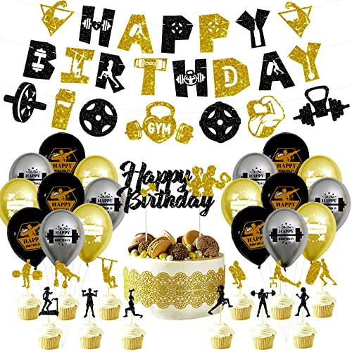 Geburtstagsparty-Dekorationen für das Fitnessstudio – Schwarz und Gold Fitness-Motto-Party-Dekorationen enthalten Glitzer-Happy Birthday-Banner, Kuchendekoration, Luftballons für Fitnessstudio,