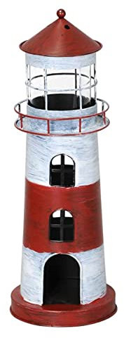 itsisa Windlicht Leuchtturm rot Weiss H:39,5 cm aus Metall - Maritime Deko, Dekofigur Küste, Gartendeko, Metalldeko Meer, Teelichthalter