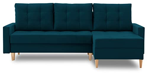 Ecksofa Lena 227x148 mit schlaffunktion und Bettaksen - Klassisch Design - Eckcouch mit Stauraum - Auffälliger Kronos Stoff - Kissen - Holzfüße - Auswahl an Farben (Kronos 04 RECHTS)
