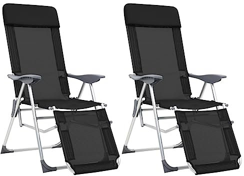 vidaXL Lot de 2 Chaises de Camping Pliantes et Repose-Pied, Fauteuil avec Accoudoirs, Sièges avec Dossier Pêche Pique-Nique, Textilène