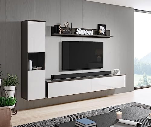 MINIO go for it - Wohnwand Parma, 3-Teilig Set, Hängend oder Stehend, Highboard, Lowboard, Wandboard, Laminierte Spannplatte, Farbe: Graphit Matera/Weiß Hochglanz