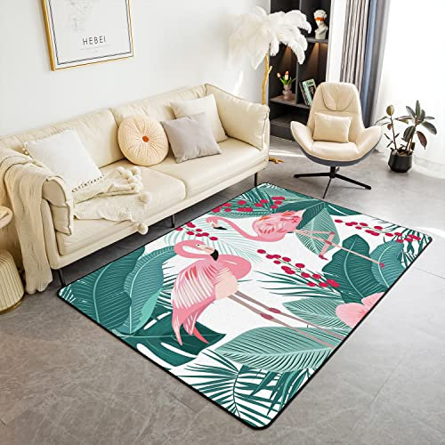 Loussiesd Flamingo Teppich 100x150cm Tropisch Flamingo Wohnzimmer Teppich Bodenmattes Ultra dick Weich Grün Palmblatt Mattes für Küche und Balkon Wetterfest Dekor Outdoor Teppich