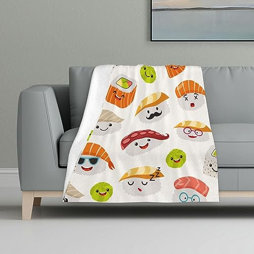 Gearsly Decke aus Flanell, Sushi-Emoji, flauschige Fleecedecke, leicht, weich, warm, gemütlich, Plüsch, 81 x 122 cm, für Heimdekoration, Sofa, Couch, Bett, Kinderbett, Stühle, 81 x 122 cm