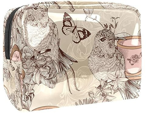 Trousse à maquillage en forme de tasse à café, oiseaux, papillon et fleurs pour femme, trousse de toilette de voyage, grande pochette de maquillage en PVC pratique avec fermeture éclair, multicolore,