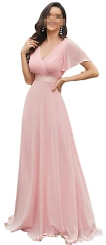 Langes A-Linien-Abendkleid, kurze Ärmel, V-Ausschnitt, bodenlanges Kleid, Chiffon, Brautjungfernkleid, rose, 36