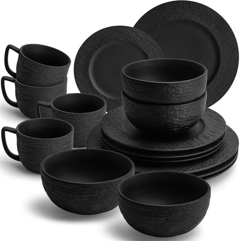 MIAMIO - 16 teiliges Geschirrset schwarz 4 Personen - schwarzes Steingut Geschirr Set - Teller Set schwarz - Oasis Kollektion