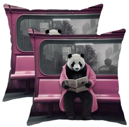 Kissenbezug mit Panda-Motiv, lustig, niedlich, Zeitung, modern, cool, Tier-U-Bahn, hellrosa und grauer Samt, waschbar, bequem, weich, Sofa, Couch, Schlafzimmer, Bett, quadratisch, 40,6 x 40,6 cm