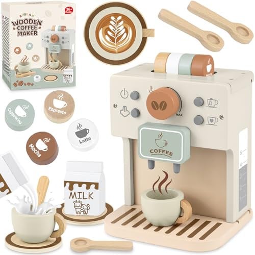 Airlab Máquina de Café de Madera de Juguete, 12 Piezas Utensilios de Cocina de Juguete y Set de Tarde de Té para Niños Pequeños, Juegos de Comida, Juguetes de Picnic Juegos de rol para Niñas y Niños