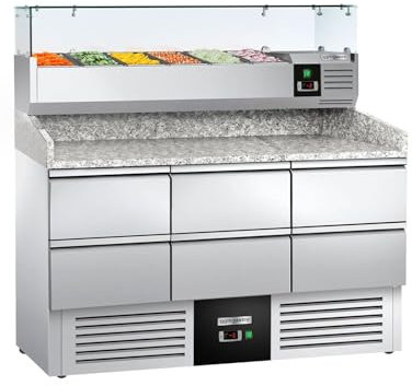 GGM Gastro | POG147ND#3#SBG1212#AGG143ND | Pizzakühltisch PREMIUM - 1400x700mm - mit 6 Schubladen 1/2 - inkl. Kühl-Aufsatzvitrine mit GN 1/4