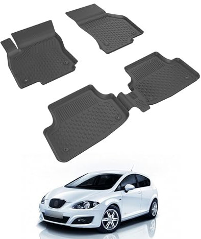 Auto Fußmatten Kompatibel mit SEAT Leon II 2006-2012 Geruchlos 4.5D Passform Allwetter Automatten 5 Teilige | Antirutschmatte Hoher Rand Gummimatten Schwarz Fussmatten Vorne Hinten Autoteppich