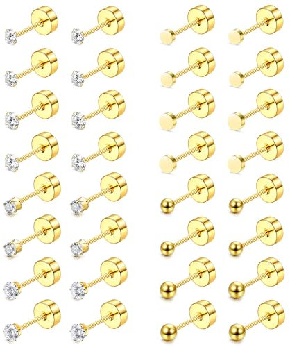 JeweBella 16 Pairs Flat Back Earrings Tiny Stud Earrings for Women Men Surgical Steel Hypoallergenic Earrings Small CZ Ball Screw Back Earrings 20G Helix Cartilage Earrings Sleeper Earrings Set 2/3mm