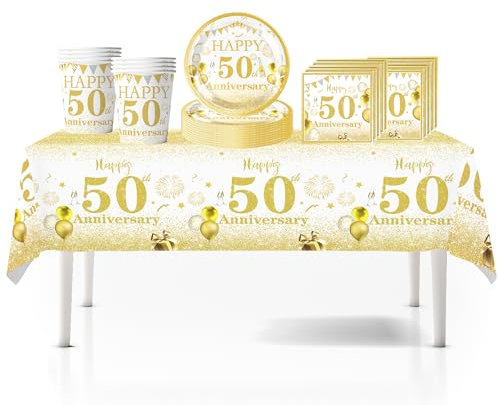 41Pcs White Gold Happy 50th Birthday Party Tableware Set - Plastic Table Cloth, Paper Plates, Napkins, Disposable Tableware Kit for Men & Women