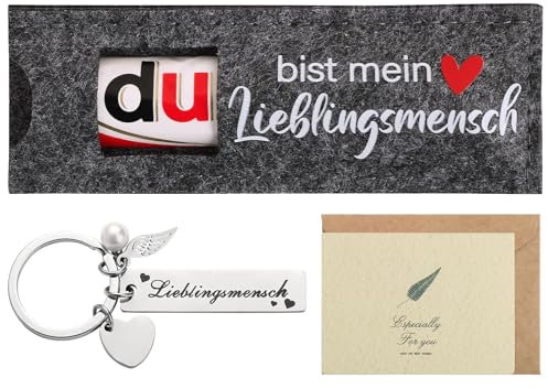 BOFUNX Lieblingsmensch - Du bist Mein Lieblingsmensch Geschenke Hülle Filz für Schokolade Geschenk mit Schlüsselanhänger Grußkarten für BFF Freundin Beste Freundin - ohne Schokolade Schokoriegel