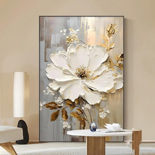 ZHMANLUCK Abstraktes großes Wandbild für Wohnzimmer, weißes Blumen-Ölgemälde auf Leinwand gedruckt, luxuriöse Blumenposter und Drucke, Dekor, 50 x 70 cm (20 x 28 Zoll) mit schwarzem Rahmen